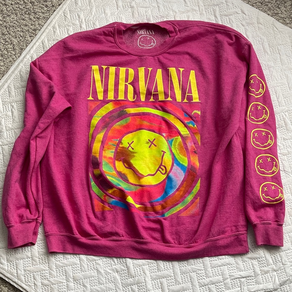 NIRVANA Fuchsia Crewneck with Multicolor Smiley Graphic